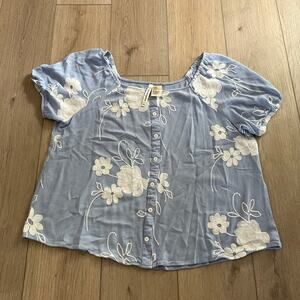 Liv Women’s Light Blue & White Floral Puff Sleeve Blouse Sz XL